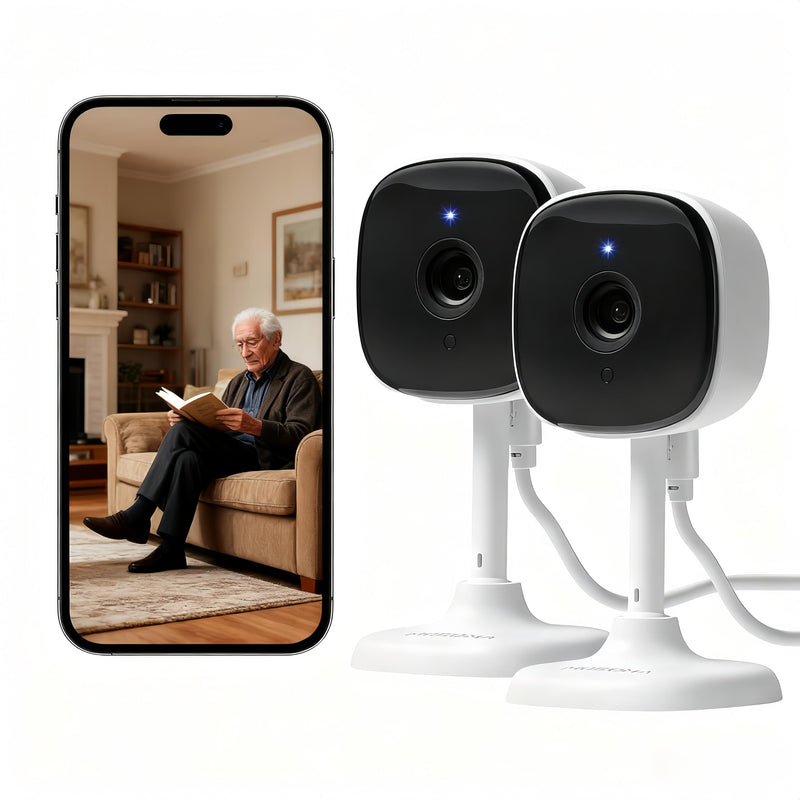 [AUSTRALIA] - AMOROM 2 Pack 1080P Indoor Wired Security Cameras, Home Indoor Cameras for Dog/Cat/Pet/Nanny/Baby/Elderly, Motion Detection, Night Vision, Smoke Siren, 24/7 Recordings, 2.4GHz Wi-Fi 2 Packs 