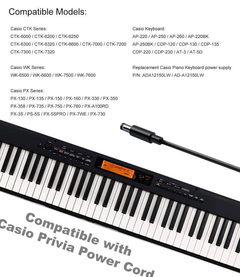 12V 2A Ac Dc Adapter for Casio Privia Power Cord, Compatible with Casio Digital Piano Keyboard AD-A12150LW, AD-A1215LW PX-130 PX-350 PX-160 PX-150 CDP-120 CTK-6000 CTK-6300 CTK-7200 Power Supply