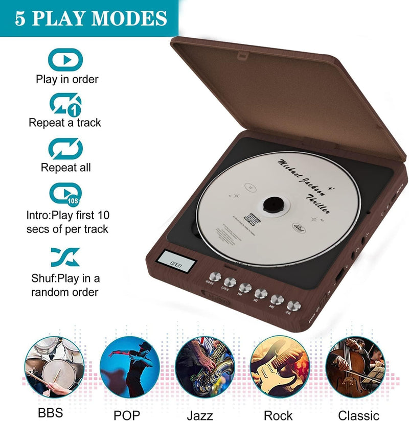 Portable CD Player with Built-in Speakers 2000mAh Rechargeable Walkman CD Player Portable Double 3.5mm Stereo Headphones Jack, Anti-Skip Compact Discman Music Player for Kids Car CD Player 606 Brown