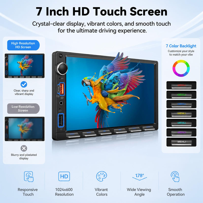 SIXTOP 7 Inch Double Din Car Stereo with Backup Camera Bluetooth 5.0 Hands-Free HD Touch Screen Car Radio MP5 Player Support Mirror Link, FM/Type-C/USB/AUX/SWC Car Audio Receiver P1