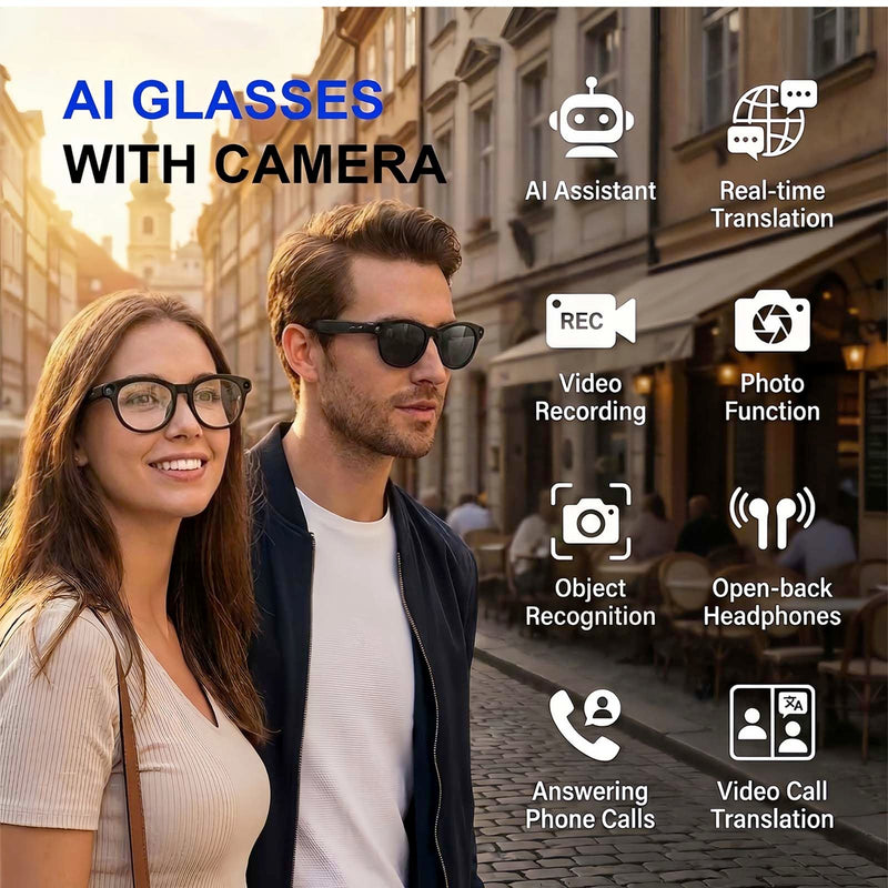AI Smart Glasses with Camera, 4K HD Video Recording Sunglasses | Photo Capture,Real-Time Translation,Object Recognition,Open-Ear Music, Bluetooth Calls, AI Assistant Black