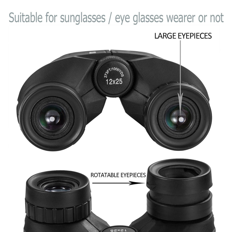 occer 12x25 Compact Binoculars with Clear Low Light Vision, Large Eyepiece Waterproof Binocular for Adults Kids,High Power Easy Focus Binoculars for Bird Watching,Outdoor Hunting,Travel,Sightseeing Black
