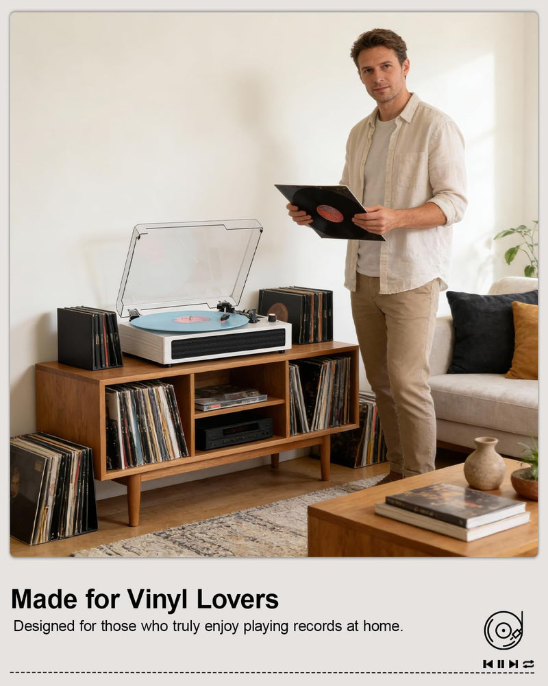 Vinyl Record Player Bluetooth Turntable, 3-Speed Retro Vinyl Player with Built-in Speakers,AUX in, Auto Stop,USB Recording, Belt-Drive LP Player White