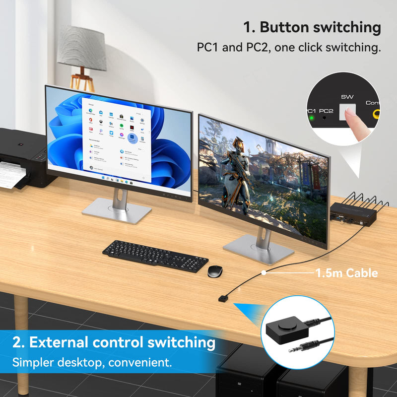 Displayport KVM Switch 2 Monitors 2 Computers 8K 60Hz 4K 120Hz Dual Monitor USB 3.0 KVM Switches for 4 USB Devices, Wired Extension Button,12V DC Adapter and USB3.0 Cables -3.6CM High White 3.6CM 2PC 2 Monitors