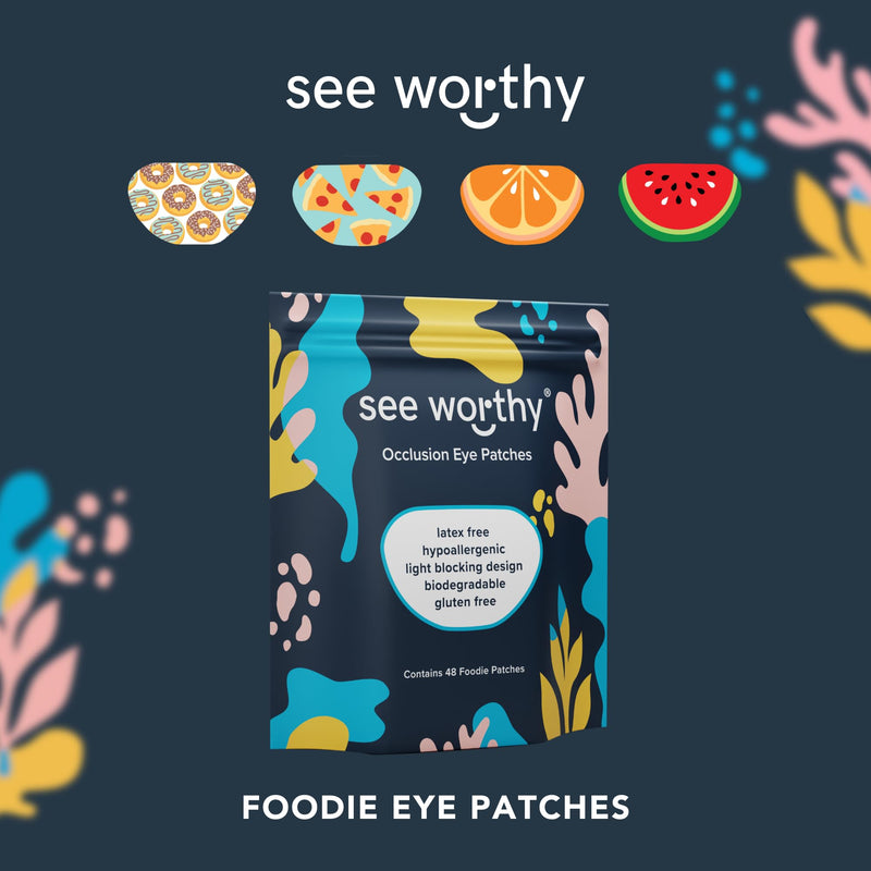 See Worthy Foodie Eye Patches - Innovative, Smart Adhesive Technology - Breathable & Comfortable Eyepatch for Lazy Eye - Soft Eye Patches, Concave Shape & Fun Designs (48 per Box) Packaging May Vary O