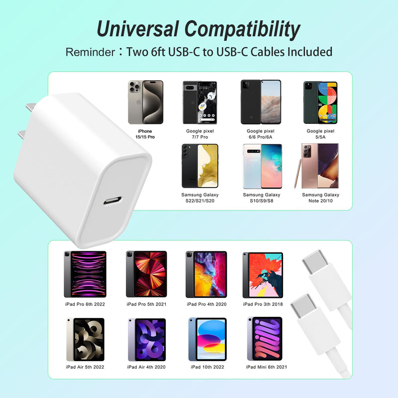 Phone 15 Charger [MFi Certified] 2 Pack 20W USB C Fast Wall Charger Block with 2 Pack 6 FT USB-C to C Cable for iPhone 15/iPad Series, Galaxy, AirPods Pro 6FT