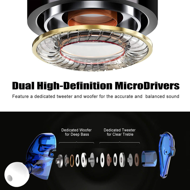 BASN High-Definition in Ear Monitor Headphones for Musicians with Detachable MMCX Earbuds; Dual Dynamic Drivers and Noise-Isolating (Blue) Blue