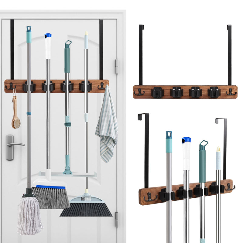 Cyiecw Broom Holder Wall or Broom Holder Over the Door, Drillable Tool Wall Mount, Wooden Stainless Steel Broom Mop Tool Garden Tool Holder, Door Organiser with 4 Holders and 2 Hooks, 1 Piece (Brown) Brown