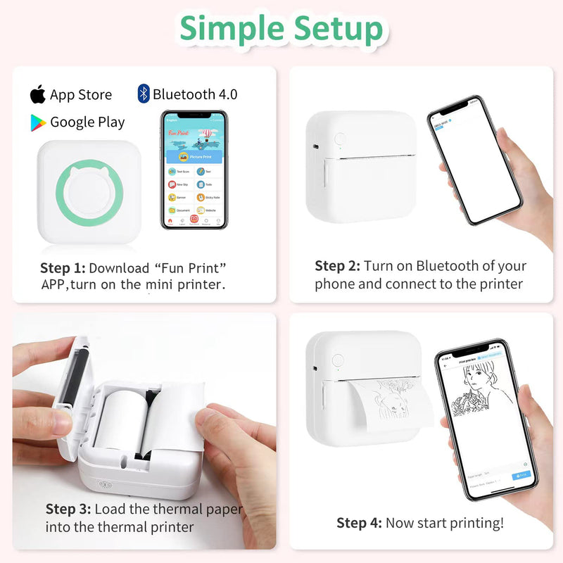 AURTEC Mini Thermal Printer, Portable Wireless Bluetooth Inkless Printer with 3 Rolls of Sticker and 3 Rolls of Thermal Paper, Compatible with Android/iOS, Pocket Printer for Memo, DIY, Photo and More Green