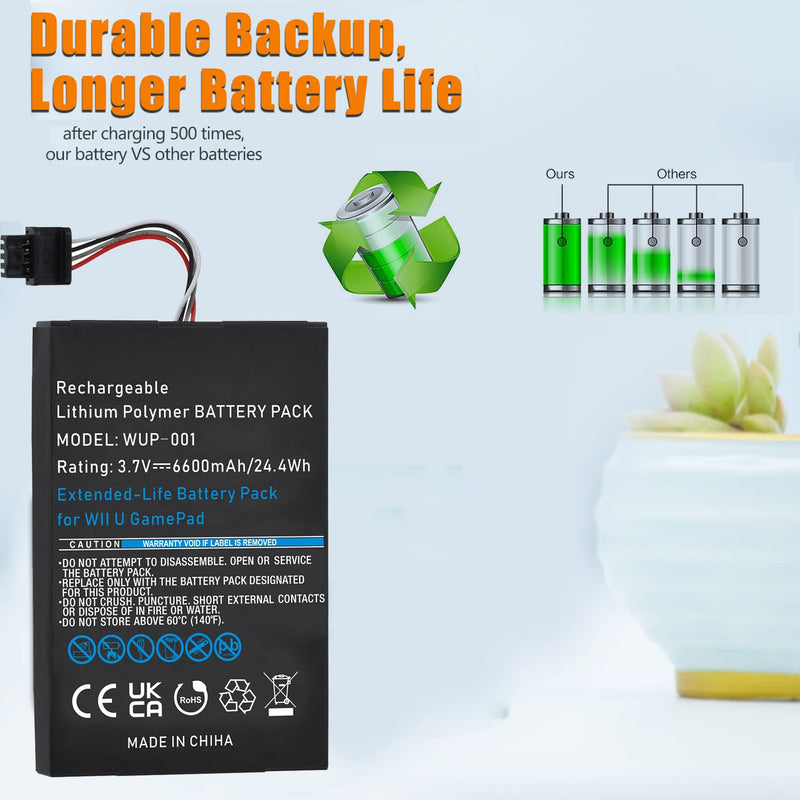 Pickle Power 6600mAh Wii U Gamepad Battery, Rechargeable Wii U Battery Replacement for Nintendo Wii U Gamepad WUP-010 WUP-012