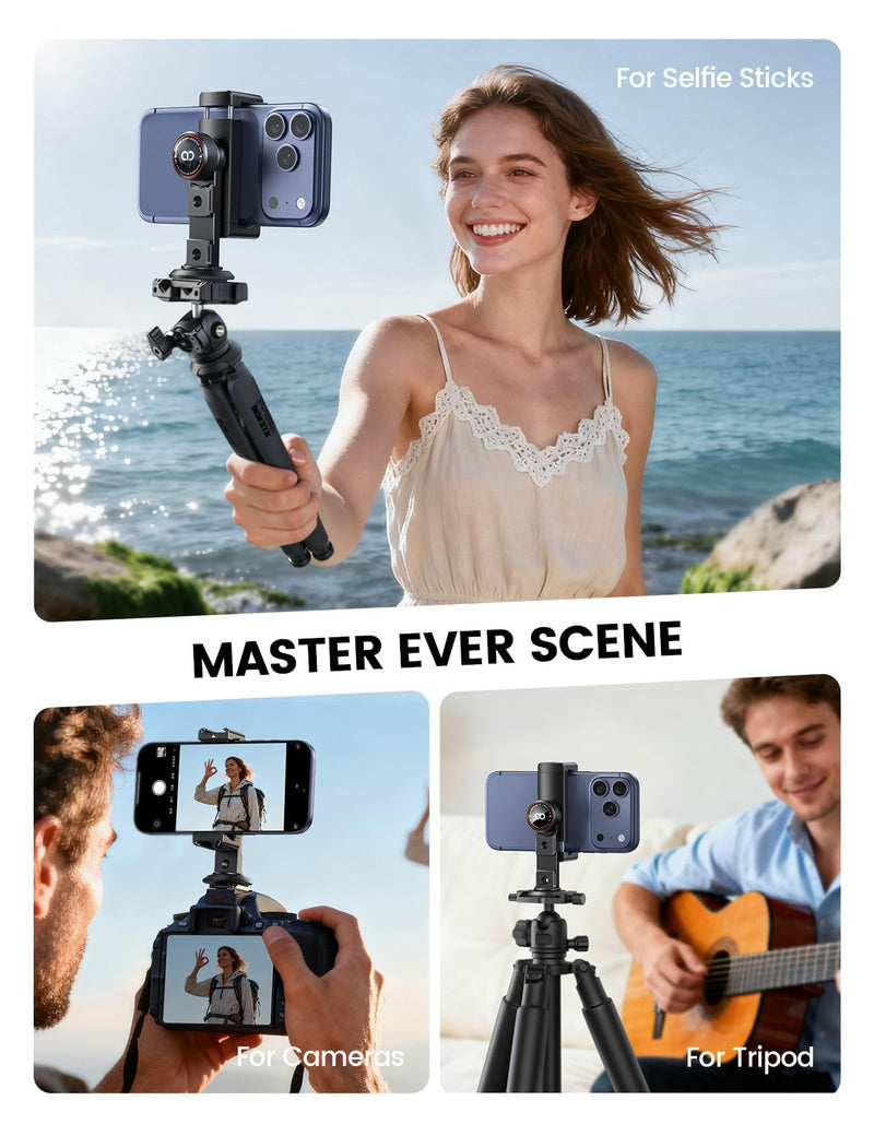[AUSTRALIA] - Lamicall Aluminum Phone Tripod Mount with 3 Cold Shoes & Arca Port & 1/4" Thread, [Wider Clamp] Camera Phone Holder Adapter Valentines Day Gift for iPhone 17 Smartphone Tripod Cell Phone Holder 