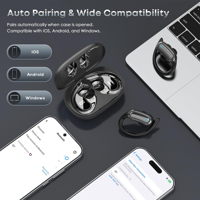 Wireless Earbuds Bluetooth Headphones, 54H Playtime Full Stereo Over Ear Buds with ENC Noise Cancelling, LED Power Display, IPX7 Waterproof Sport Earphones with Earhooks for Running/Workouts Black Soft Black