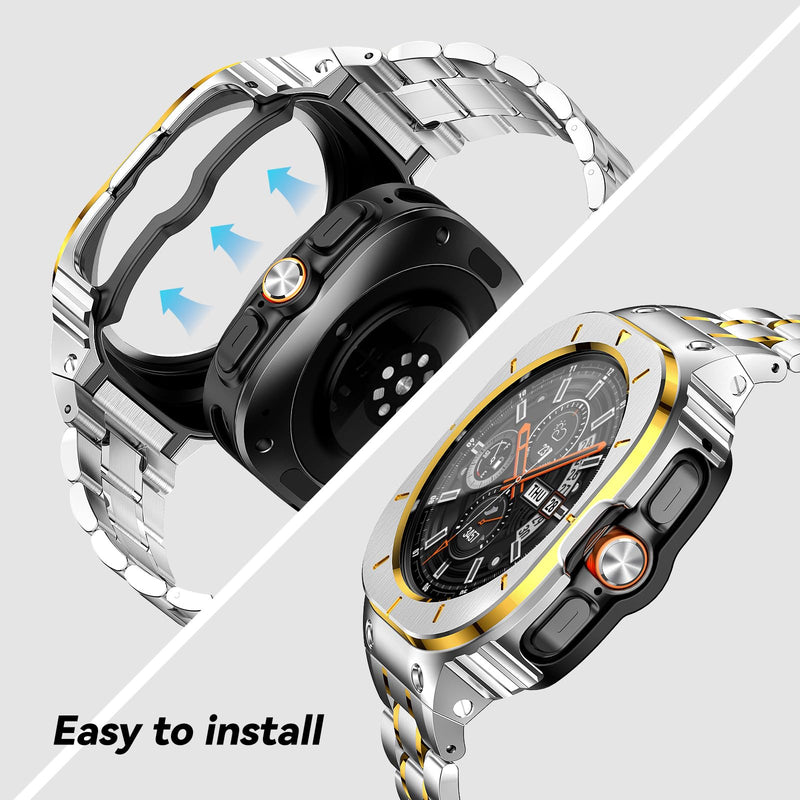Stainless Steel Band with Case Compatible with Samsung Galaxy Watch Ultra | BAITEYOU Metal Strap with Cover for Samsung Galaxy, Ultra 2/9/8/7 47mm 2026/2025/2024, Luxury Bracelet for Men.Silver Gold Silver Gold Galaxy Watch Ultra -47mm