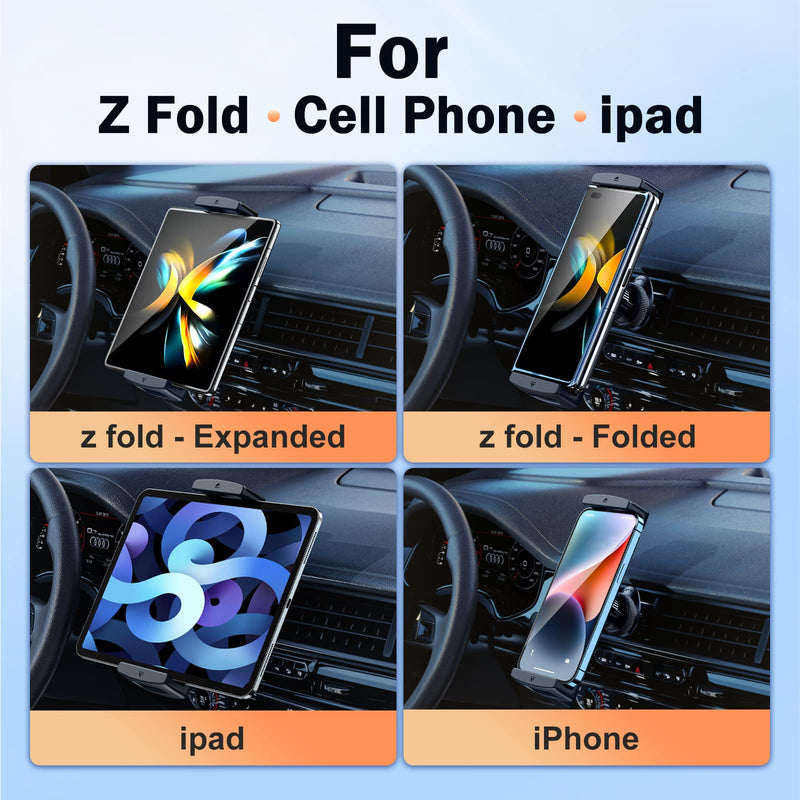 Z Fold 6 Car Mount Accessories, Secure Clamp, B Vent Clip | Car Phone Holder for Z Fold 7 6 5 Pixel Pro Fold iPhone iPad, 360° Rotatable, Grip Firmly, Case Friendly, Broad Compatible