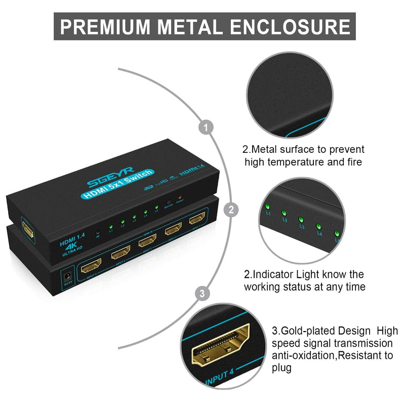 HDMI Switch SGEYR 5x1 HDMI Switcher 5 in 1 Out HDMI Switch Selector 5 Port Box with IR Remote Control HDMI 1.4 HDCP 1.4 Support 4K@30Hz Ultra HD 3D 2160P 1080P Blue