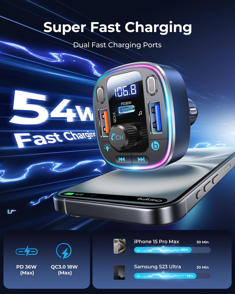 [AUSTRALIA] - LENCENT Bluetooth 5.4 Car Adapter FM Transmitter 54W Fast Charging, Dual Mics, HiFi Bass Sound, 2 Modes LED Backlit, Cigarette Lighter Adapter Hands-Free Calling Radio, Support USB Drive 