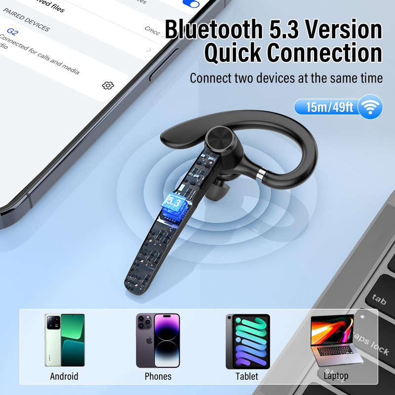 Bluetooth Headset, 2026 Wireless Bluetooth 5.3 Earpiece, 60 Hours Single-Ear Headset with Mute Button, Dual Noise Cancelling Mics, IP7 Waterproof Hands Free Headphone for Trucker, Business, Black