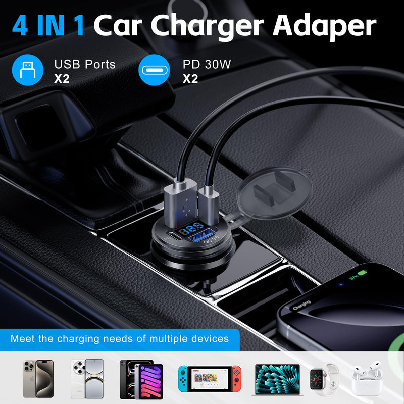 2 Pack 12V USB Outlet 4 Port Car Boat Marine Charger Voltmeter | 2 USB‑C PD & 2 USB‑A QC3.0 fast charging, aluminum flush mount, waterproof, 12V/24V for RV Truck Golf Motorcycle 2PD+2USB(2Pack)
