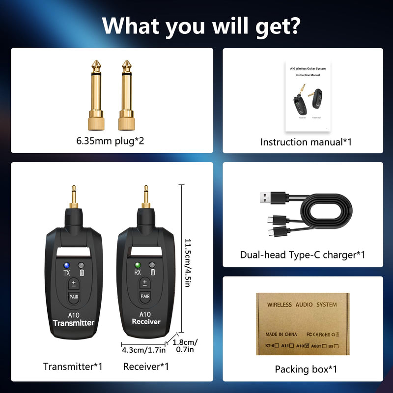 Wireless Guitar Transmitter Receiver 2.4GHz Rechargeable, 6.35mm and 3.5mm Plugs Audio Wireless Guitar System 250° Rotatable for Bass Keyboard Drums Multiple Instruments (A10 Black)