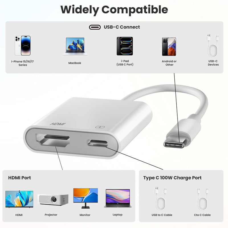 USB C to HDMI Adapter for iPhone 17 16 15 to TV, 4K@60Hz iPhone USB C to HDTV Adapter with 100W Fast Charging Port, MFi Certified iPhone Dongle USB C to Hdmi for iPad/TV/Projector/Monitor