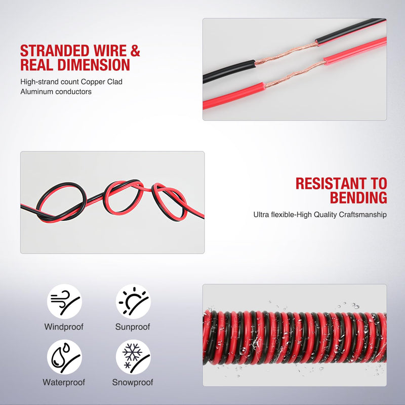Nilight 50FT 16AWG Copper Clad Aluminum Wire 16/2 Gauge Red Black CCA Electrical Cable 2 Conductor Parallel 12V/24V DC Flexible Extension Cords for Car Audio Radio Speaker Amplifier, 2 Years Warranty 16AWG-50FT