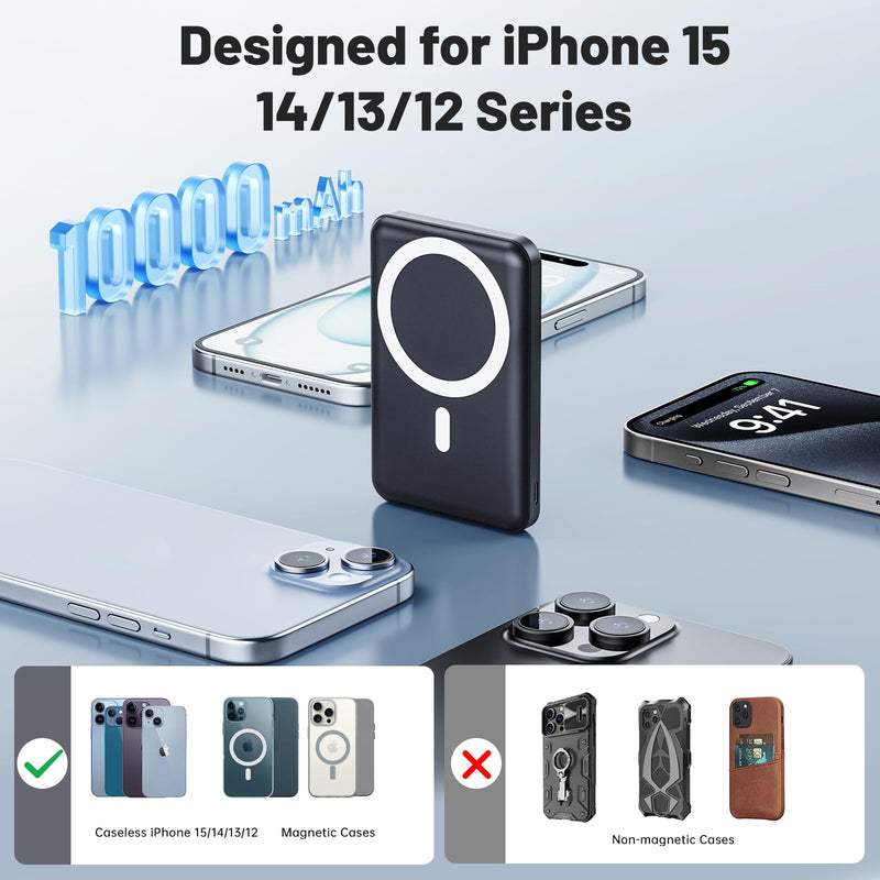 AOGUERBE for Magsafe Battery Pack, 10000mAh Magnetic Power Bank with (22.5W) USB-C Fast Charging, Wireless Mag-Safe Portable Charger with LED Display & Foldable Stand for iPhone 16/15/14/13/12 Series Black