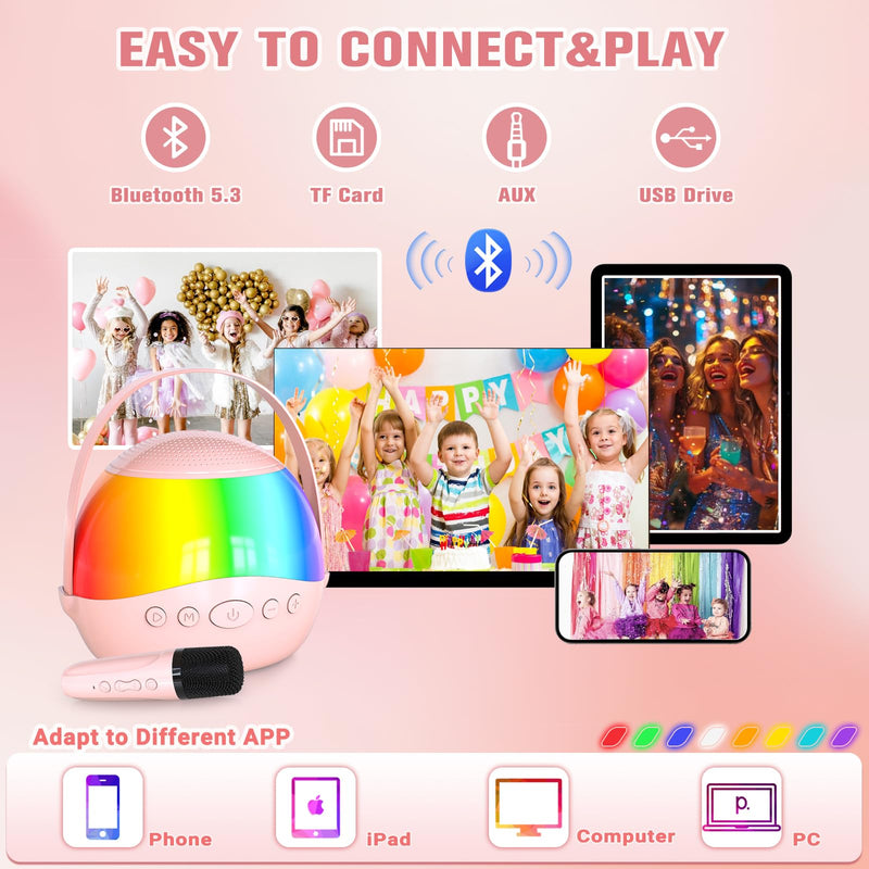 2025 New Mini Karaoke Machine Speaker for Kids Adults,Portable Bluetooth Speaker with 2 Wireless Mics,Colorful LED Lights, Home Travel & Party Play Gifts for Boys Girls (Pink) Pink
