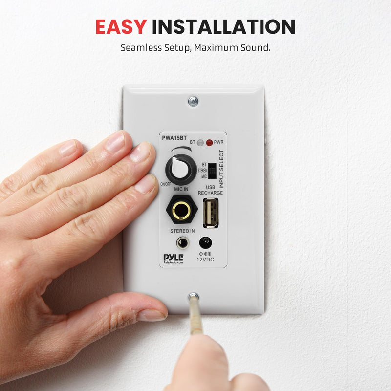 Pyle Bluetooth Receiver Wall Mount, in-Wall Audio Control with Built-in Amplifier | USB, Microphone, Aux (3.5mm) Input | Terminal Block | Connect 2 Speakers - 100 Watt (PWA15BT.5)