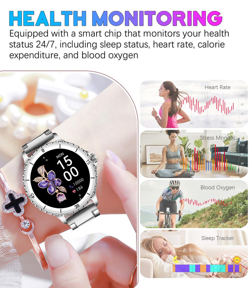 Smart Watch for Women, 1.27" HD Display,Answer/Make Calls, IP68 Waterproof Sports Women's Smartwatch, Fitness Tracker,Heart Rate Monitor, Pedometer – Compatible with Android & iOS (Silver)