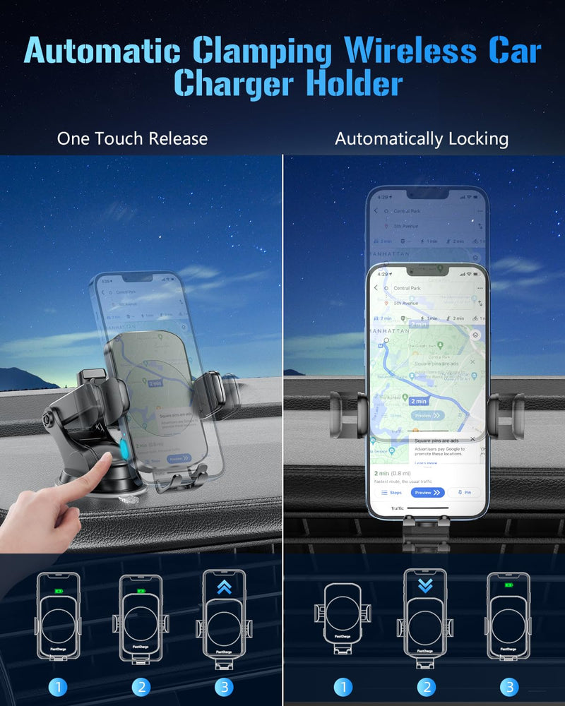 Wireless Car Charger, Fast Charging Phone Holder 3 in 1 Phone Mount Auto Clamping Car Accessories Compatible with iPhone 16 15 14 13 12 11 Xs XR, Samsung S23 Ultra S22 S21 S20/S10+ S9(Midnight Black) Midnight Black