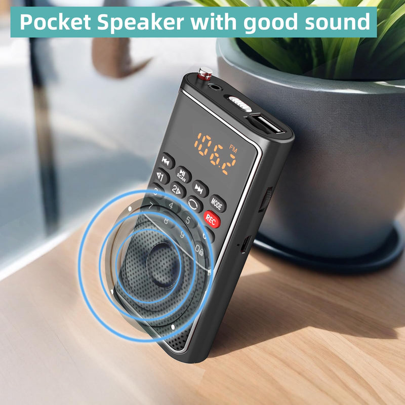 B01 Mini Portable FM Radio USB Player, TF/SD Card/USB Slot Support Mp3 Play Rec,Pocket Walkman Small Radio with Lock Key,Wristband,Rechargeable Battery Operated, Excellent Reception and Sound BLACK