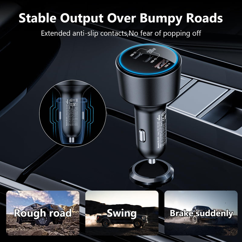 200W Super Fast Car Charger, Adapter with 2×100W USB C to C Cables, | USB C Car Charger PD3.0/QC4.0, 12V-24V Vehicle Compatible, LED Light & Overheat Protection