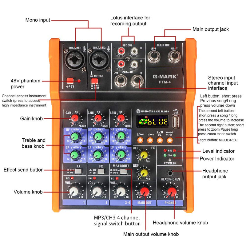 G-MARK Analog Mixer Audio 4 Channel DJ Audio Mixer Bluetooth Studio Karaoke For PC Live Performance KTV Home Stage Music Effects Sound Card Protable Mixing Console PTM-4