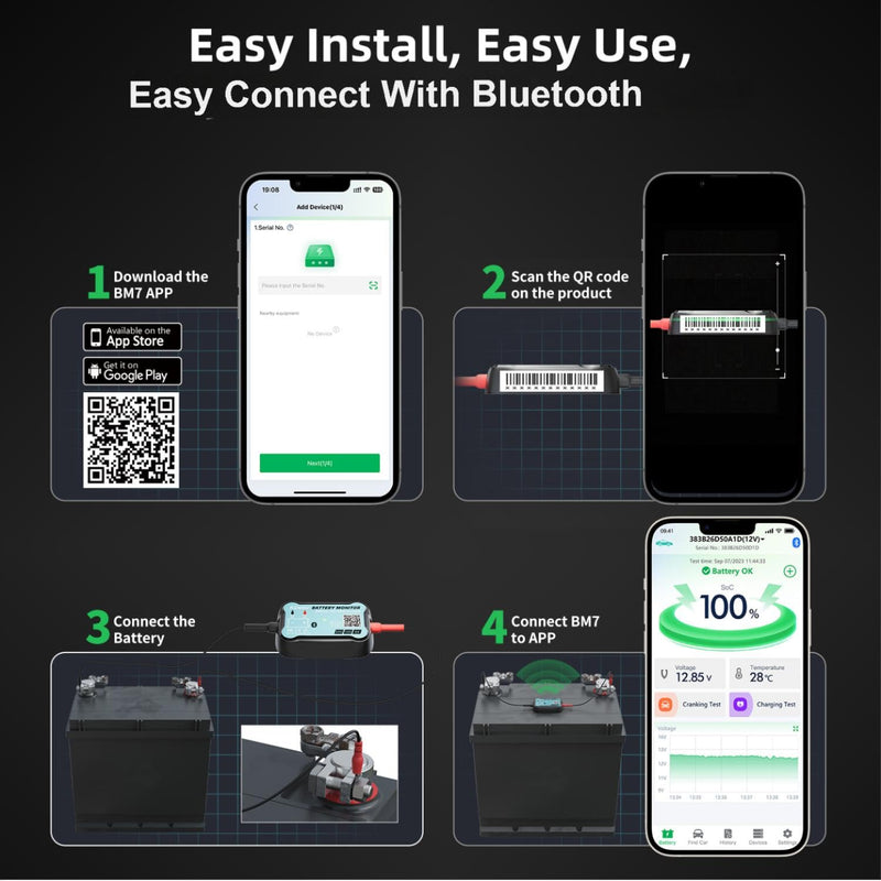 24V 12V 6V Bluetooth Battery Monitor BM7–Work for All Lead-Acid & Lithium Battery with Charging, Cranking System Test & Auto Alarm – Waterproof Voltmeter for Cars, Vans, Trucks, Motorcycles, Boats For 6V-24V Lead-Acid & Lithium Battery