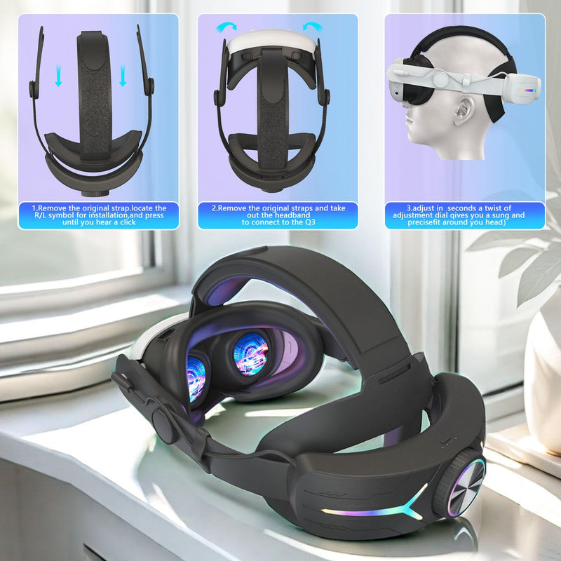 RGB Light Head Strap with 12000mAh Battery for Meta Quest 3/3s_Black | 18W Quick Charge for Extended 4-6 Playtime Comfortable Fit – Elite Replacement Strap with Balanced Weight Black-1