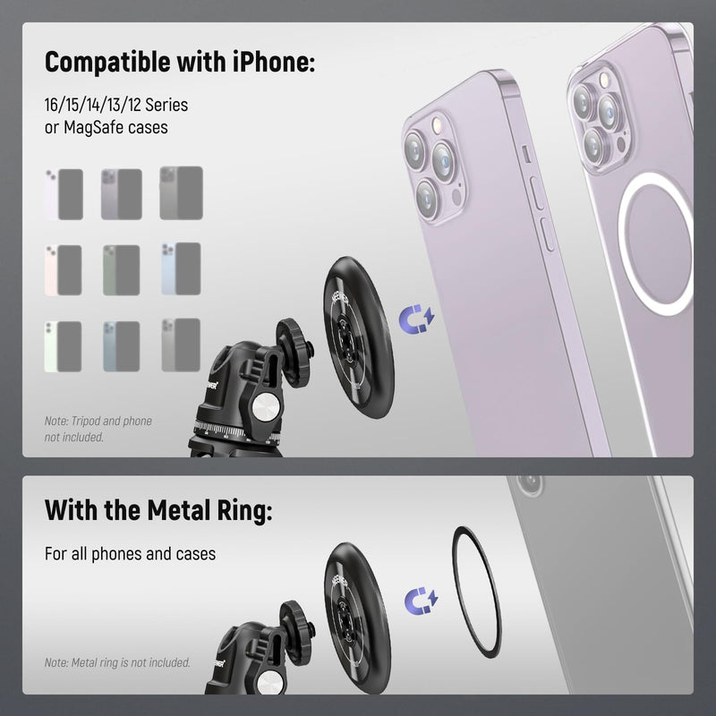 Neewer Magnetic Phone Tripod Mount Adapter with Adhesive Magnetic Ring 2 Pack Compatible with MagSafe iPhone 16 15 Pro Max Plus 14 13 12, 1/4" Thread for Video Recording Selfie Stick Ring Light, PA010 PA010(2 Pack) w/Magnetic Ring