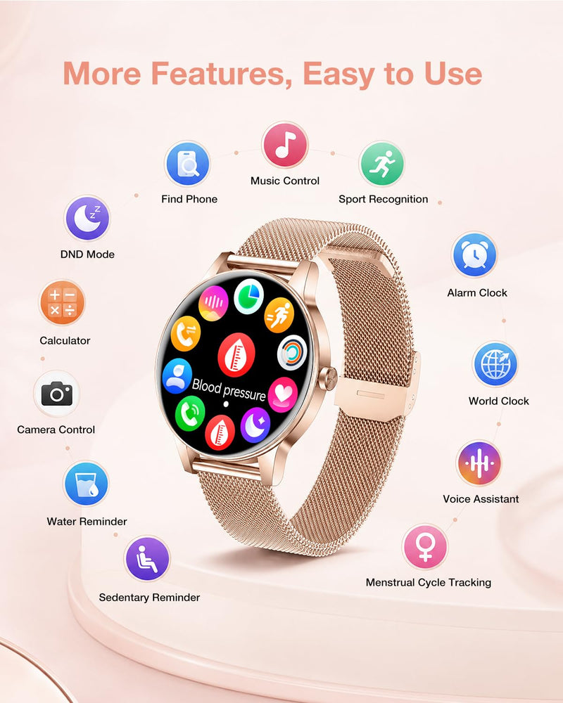 Smart Watch for Women, 1.27"Fitness Tracker with IP68, 4Bands, iOS/Android | Bluetooth Call & Answer, 130+ Sports Modes with Heart Rate/Sleep Monitor, Round Rose Gold Watch for Gift