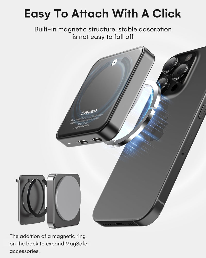 ZeeHoo Magnetic 2230 NVMe M.2 SSD Enclosure, 10Gbps USB C 3.2 to NVMe M.2 Adapter, Aluminum External SSD Case, Support M-Key B+M Key UASP