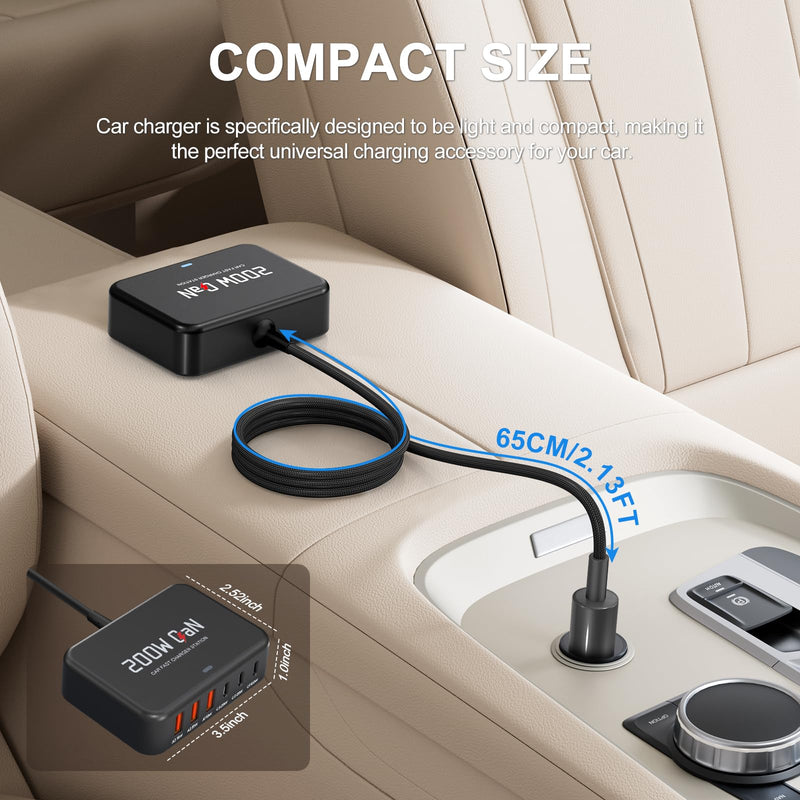 Multi Ports USB Laptop Car Charger, Fast Charge 200w PD3.0 Adapter Compatible with MacBook pro/Lenovo Thinkpad/Dell inspiron/Surface Pro/HP, Cell Phones Tablets and Other USB Devices
