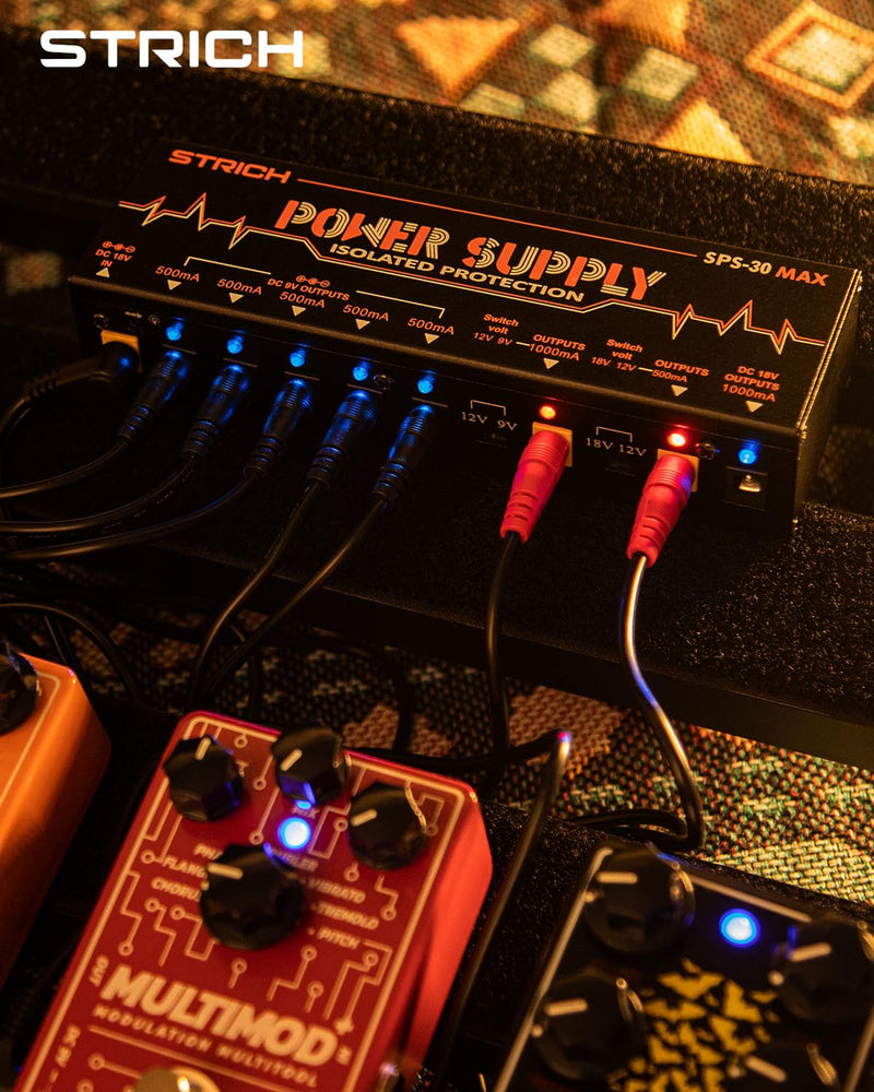 [AUSTRALIA] - STRICH Guitar Pedal High Power Supply, Pedalboard Power Supply with 8 Totally True Isolated DC 9V/12V/18V Outputs(500mA/1000mA), Power Supply for Power-hungry Effect Pedal, Noiselessly, SPS-30 MAX 