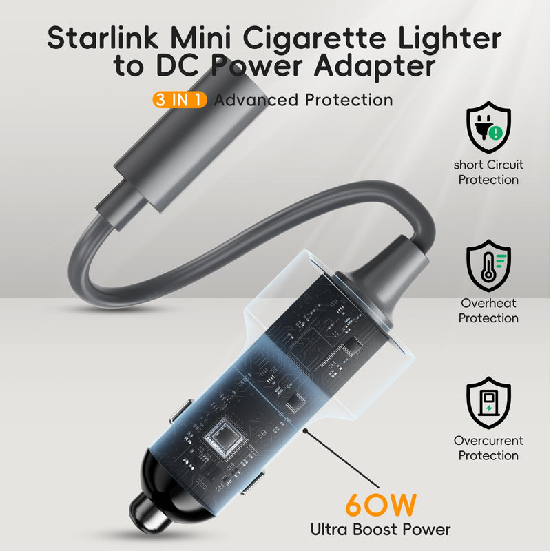 [AUSTRALIA] - Starlink Mini Car Adapter with 16.4FT/5M DC Power Cable,12V to 24V DC Step Up Converter Boost Adapters, 60W Car Cigarette Lighter Adapter Supports 16 AWG 30M Starlink Cable for Trailer Cars/RVs/Ship 