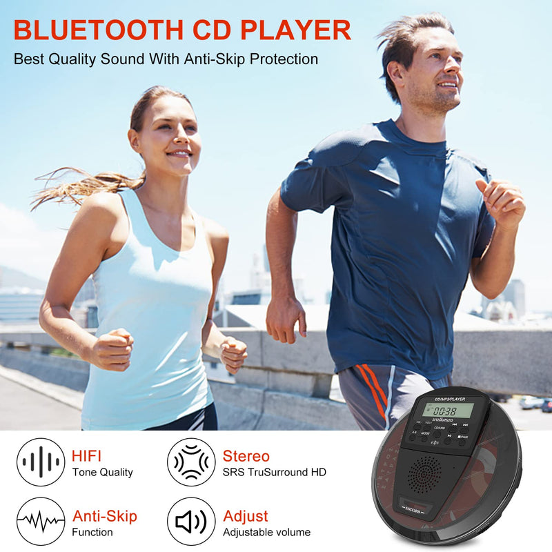Rechargeable CD Player Portable with Bluetooth,Compact Anti-Skip Shockproof Walkman CD Player with Earphone, Stereo Speakers&LCD Display for Car/Home/Travel (AUX Output)