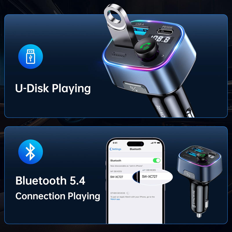 [AUSTRALIA] - Syncwire Bluetooth 5.3 FM Transmitter Car Adapter 48W(PD 36W & 12W) [Light Switch] [Hi-Fi Deep Bass] [Fast Charging] Wireless Radio Music Adapter LED Display Hands-Free Calling Support USB Drive Dark Blue 