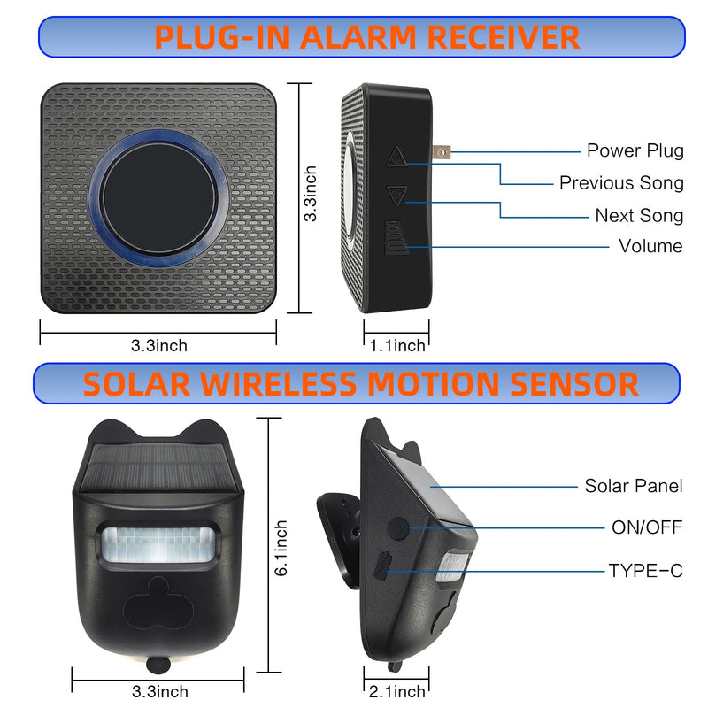 [AUSTRALIA] - Wireless Doorbell and Motion Sensor Alarm | Long Range Driveway Alert System with Indoor Receiver | 120° Detection, IP65 Waterproof, USB-C Charging for Home Business Security 【Sensor*1+ Receiver*2】 