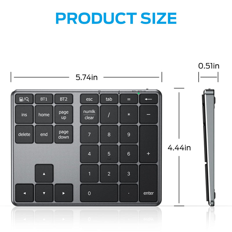 [AUSTRALIA] - iClever Number Pad, Aluminum Wireless Number Pad for Multi Devices, USB-C Rechargeable, External 34-Keys Bluetooth Keyboard for Data Entry, Compatible for Laptop, Mac, iMac, Tablet, PC Desktop Black 
