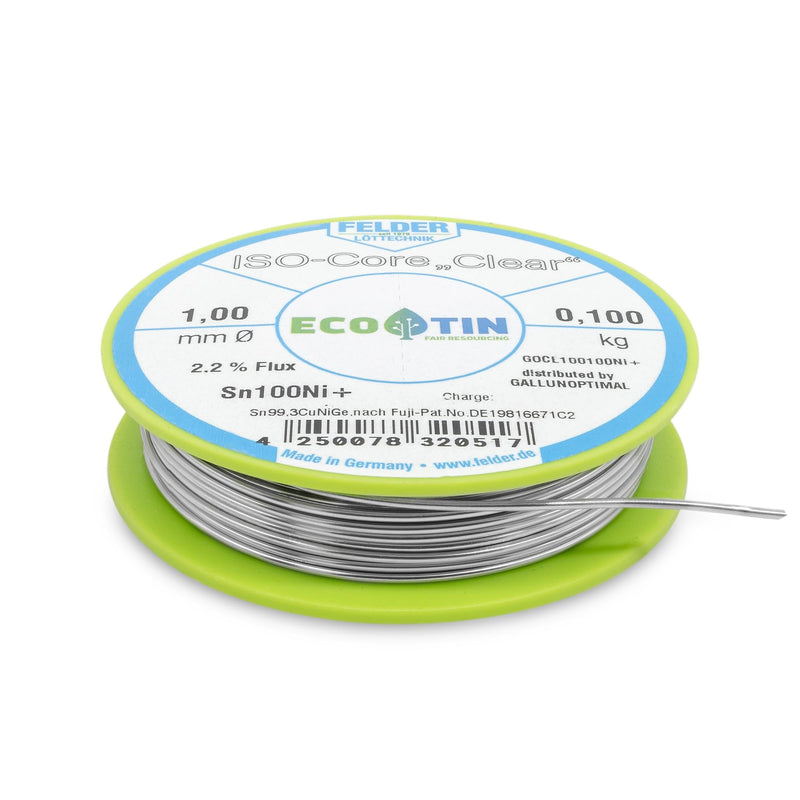GALLUNOPTIMAL Solder Tin ISO Core Soldering Wire Clear Sn100Ni+ Sn99.3CuNiGe 1 mm on 100 g Spool Made by Felder GmbH in Germany