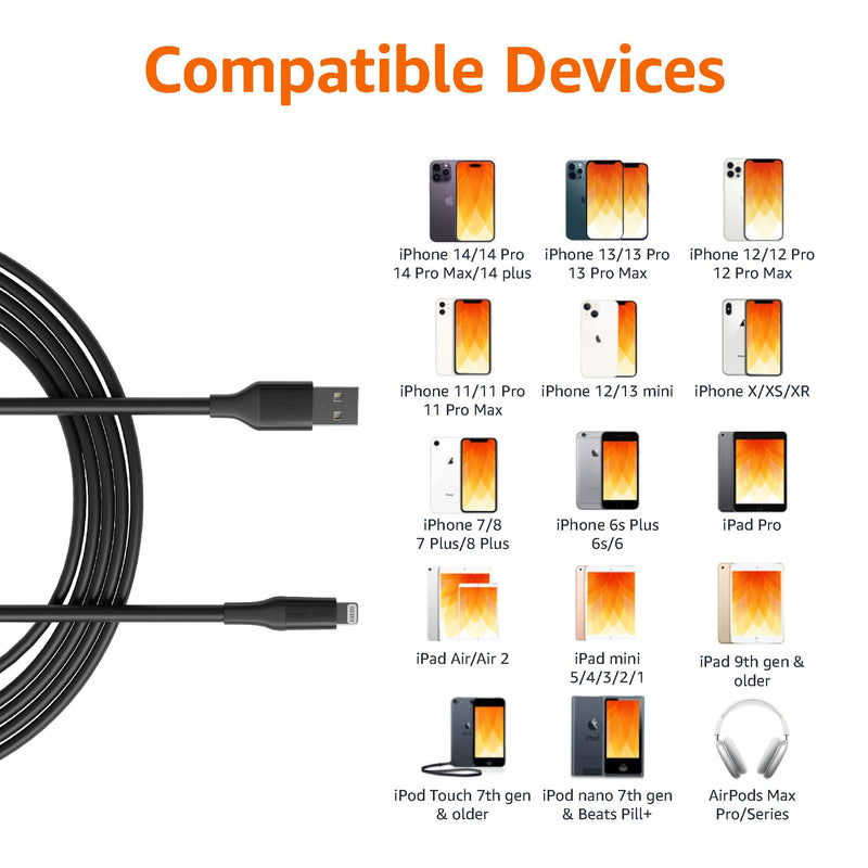 Amazon Basics - USB-A to Lightning ABS Charger Cable (10 feet), MFi Certified for Apple iPhone 14 13 12 11 X Xs Pro, Pro Max, Plus, iPad, 10,000 Bend Lifespan, Black 10 feet