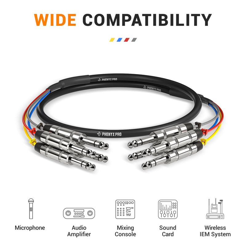 Phenyx Pro 4-Channel TRS Snake Cable, Color-Coded Patch w/24 AWG OFC Copper, 3 Ft Cable, 1/4" Audio Cable, TRS to TRS Balanced 1/4-Inch for Guitar, Bass & AMP (PCBL-QR4IN1-3) 3 Feet