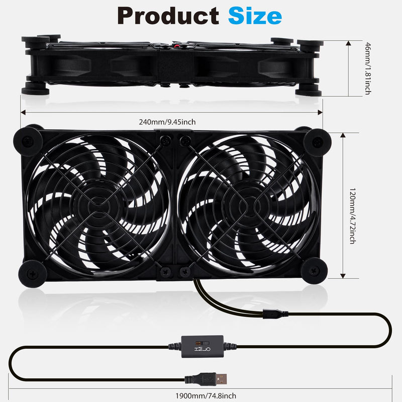 Quiet Dual 120mm Router Fan Cooler with L/M/H 3-Degree Speed Controller, DC 5V USB Powered Cooling Case Fan for Router Modem Receiver DVR PlayStation TV Box