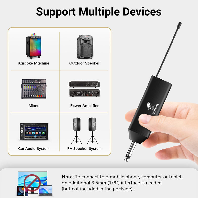 TONOR UHF Wireless Microphone System with Headset Mic/Lavalier Lapel Mic, Bodypack Transmitter, Rechargeable Receiver, 15 Channels 200ft Range 1/4" Output for Recording Live Performance PA Speaker 1 Pack